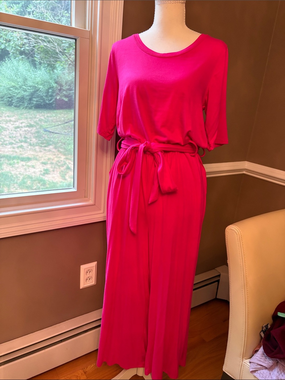 Bright Pink Belted Jumpsuit Dress
